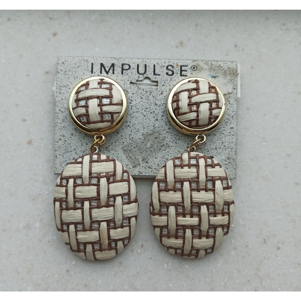 Vintage Impulse Raffia Weave Dangling Clip-On Earrings - 1990's Statement Pair